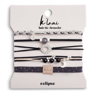 K'LANI "Eclipse" Black, White & Grey With Silver Metallic & Moon Accent Hair Tie Bracelets