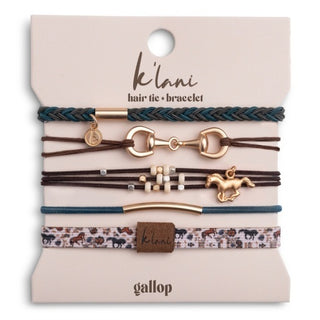 K'LANI "Gallop" Horse & Bit Equestrian Accents in Rich Brown & Blue Hair Tie Bracelets