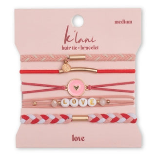 K'LANI "Love" Pink & Red with Hearts Hair Tie Bracelets