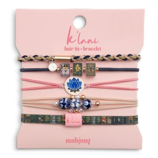 K'LANI "Mahjong" Themed in Pink, Green & Blue with Lotus & Tile Accent Hair Tie Bracelets