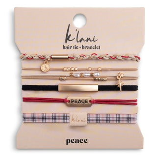 K'LANI "Peace" Holiday Red & Cream Plaid with Gold Accents Hair Tie Bracelets