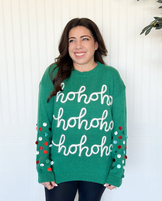 Ho Ho Ho Tinsel Christmas Sweater, Green