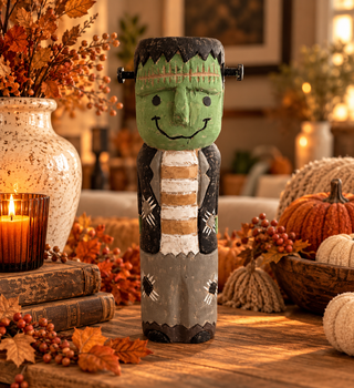 Halloween Hand Carved Wood Frankenstein Totem Pole