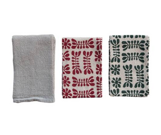 Stonewashed Cotton Printed & Waffle Weave Tea Towels, Set of 3