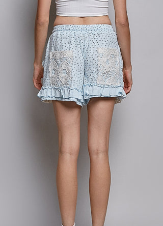 The Cloudberry Lace Trim Shorts, Sky Blue Floral