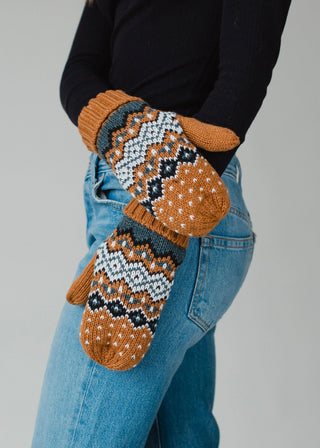 Cozy Knit Mittens, Camel Black White & Blue