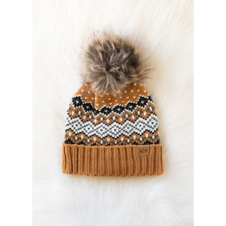 Winter Haven Cable Pom Hat, Camel Black White & Blue