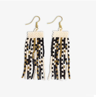 Adaline Mixed Patterns Beaded Fringe Earrings - Black/Cream - The Farmhouse