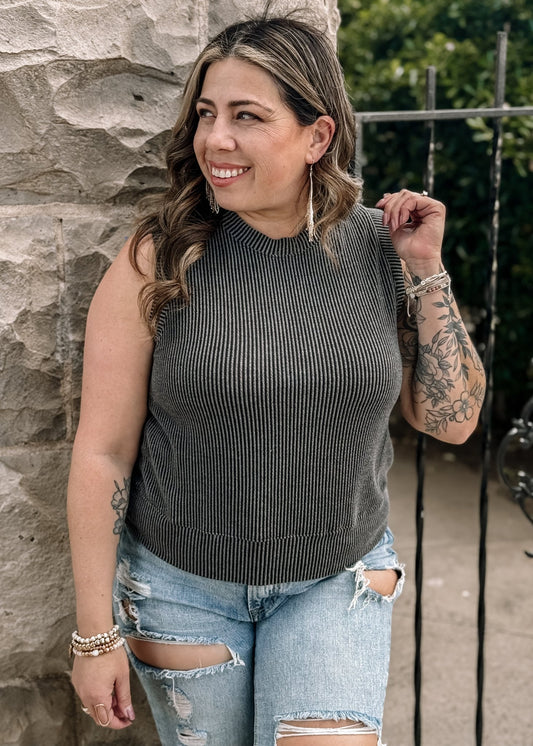 Alexandra Ribbed Round Neck Crop Top - Charcoal - The Farmhouse