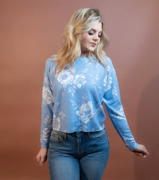 ALLIE ROSE Women's Autumn Bouquet Knit Sweater, Peri Blue - 100 Casual Tops - The Farmhouse