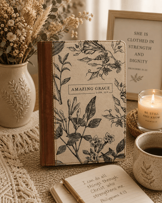 Amazing Grace Natural Canvas & Brown Faux Leather Journal - 420 Home Decor - The Farmhouse
