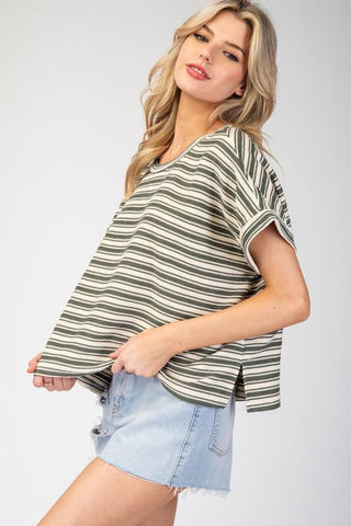 Autumn Stripe Boxy Top, Olive - The Farmhouse