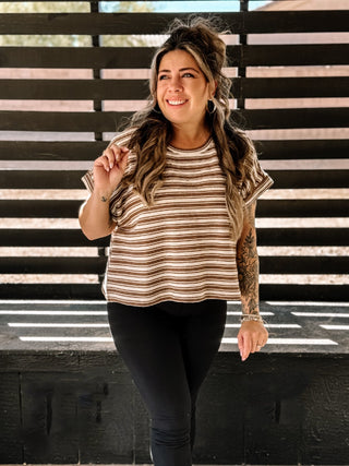 Autumn Stripe Boxy Top, Short Sleeve Comfy Fall Shirt, Coco - The Farmhouse