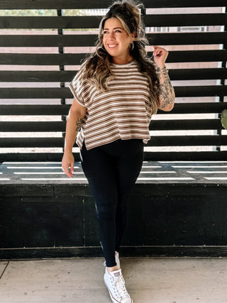 Autumn Stripe Boxy Top, Short Sleeve Comfy Fall Shirt, Coco - The Farmhouse