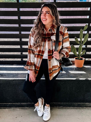 Autumn's Embrace Relaxed Urban Shacket Flannel, Clay - The Farmhouse