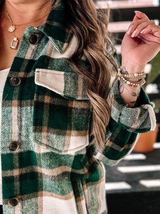 Autumn's Embrace Relaxed Urban Shacket Flannel, Green - The Farmhouse