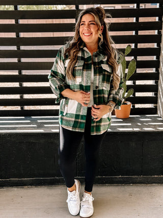 Autumn's Embrace Relaxed Urban Shacket Flannel, Green - The Farmhouse