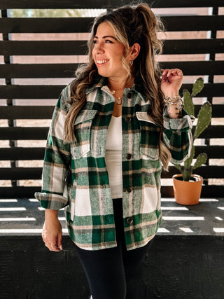 Autumn's Embrace Relaxed Urban Shacket Flannel, Green - The Farmhouse