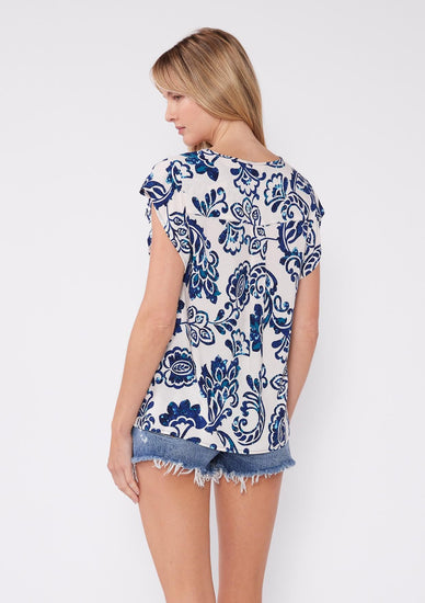 Azure Floral Tile Print Flutter Sleeve V Neck Blouse - The Farmhouse