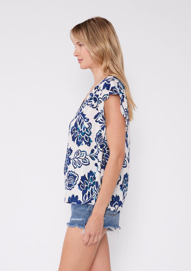 Azure Floral Tile Print Flutter Sleeve V Neck Blouse - The Farmhouse