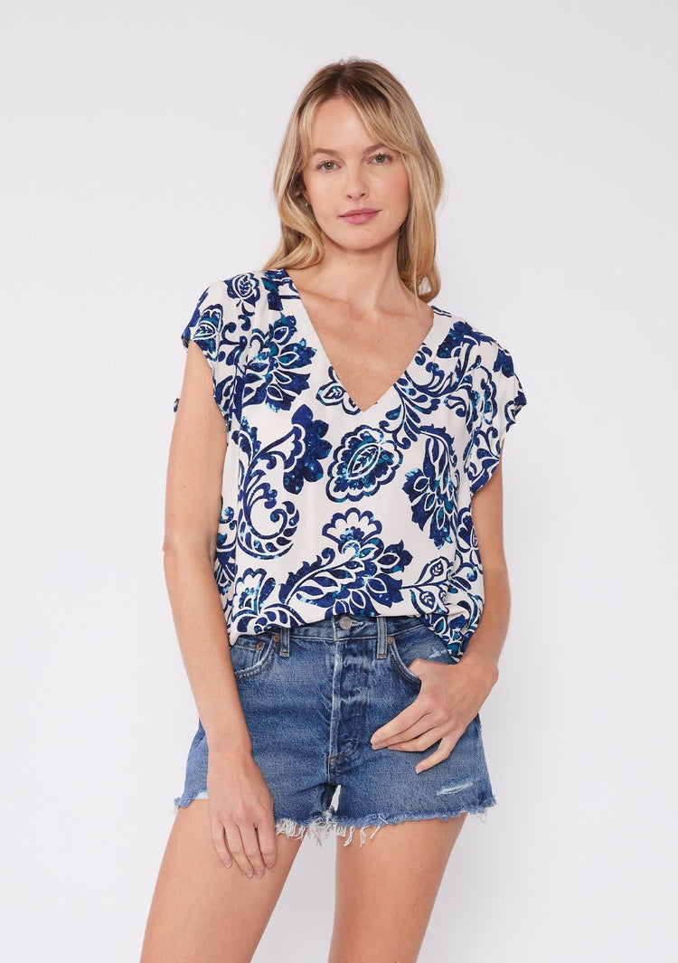 Azure Floral Tile Print Flutter Sleeve V Neck Blouse - The Farmhouse