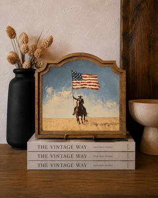 Cowboy with Flag Provincial Arch Framed Art 9x10"