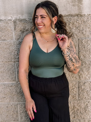 Baddie Seamless V - Neck Sleeveless Bodysuit - Forest Green - The Farmhouse