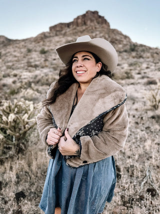 Bandana Breeze Boho Western Faux Fur Crop Jacket, Brown - The Farmhouse