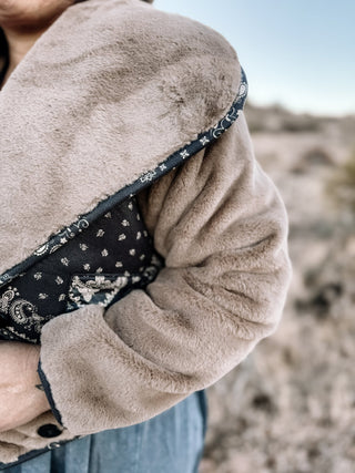 Bandana Breeze Boho Western Faux Fur Crop Jacket, Brown - The Farmhouse