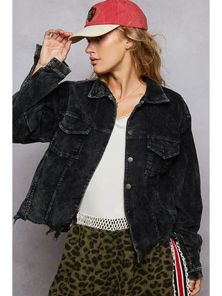 POL Women's Corduroy Ranch Trucker Jacket, Black