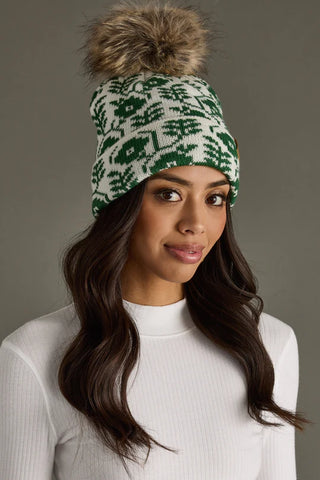 Winter Haven Cable Pom Hat, Ivory & Green Floral Pattern