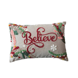 Believe Cotton Chambray Embroidered Lumbar Pillow w/ Snowflakes & Foliage - The Farmhouse