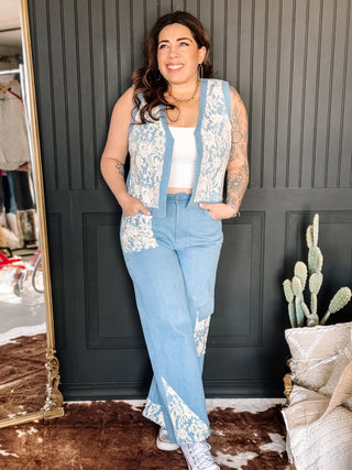 Belle Lace Denim Vest, Light Wash Denim - The Farmhouse