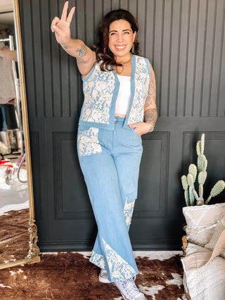 Belle Lace Denim Vest, Light Wash Denim - The Farmhouse