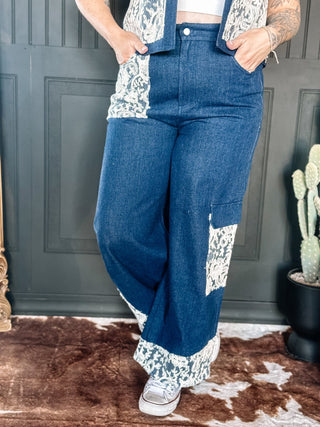 Belle Lace Wide Leg Denim Jeans, Dark Denim - The Farmhouse