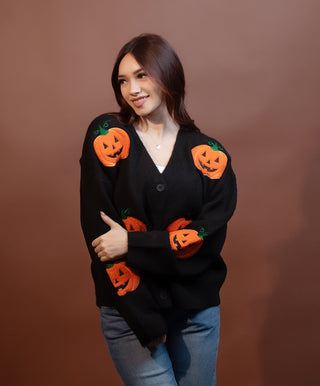 BIBI Women's Halloween Pumpkin Applique Button Front Knit Cardigan - 150 Kimonos + Cardigans - The Farmhouse