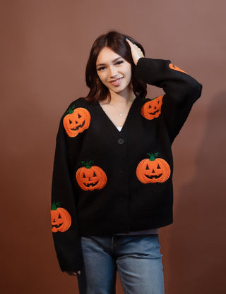 BIBI Women's Halloween Pumpkin Applique Button Front Knit Cardigan - 150 Kimonos + Cardigans - The Farmhouse
