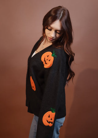 BIBI Women's Halloween Pumpkin Applique Button Front Knit Cardigan - 150 Kimonos + Cardigans - The Farmhouse
