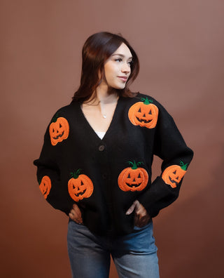 BIBI Women's Halloween Pumpkin Applique Button Front Knit Cardigan - 150 Kimonos + Cardigans - The Farmhouse