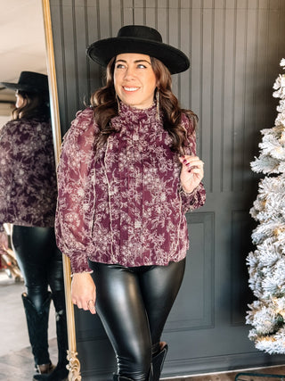 Bloomhaven Elegant Floral Pleated Blouse, Mocha - The Farmhouse