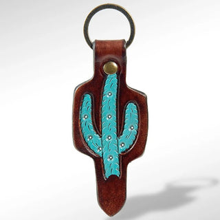 Blue Cactus Hand Tooled Genuine Leather Keyring - The Farmhouse