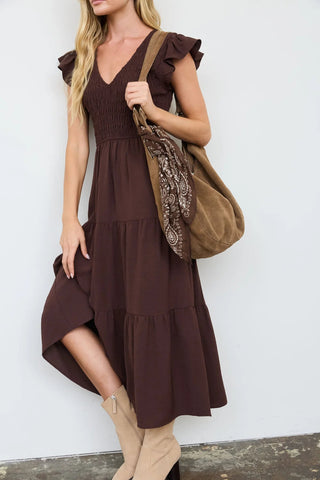 BLUE PEPPER Harvest Flutter Sleeve Midi Dress, Brown - 170 Dresses - The Farmhouse