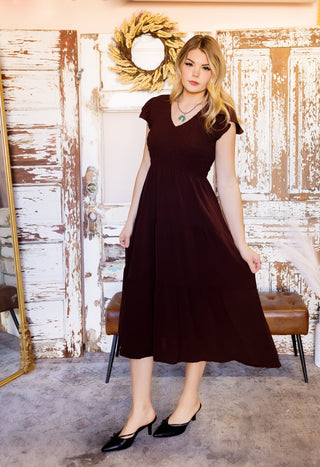 BLUE PEPPER Harvest Flutter Sleeve Midi Dress, Brown - 170 Dresses - The Farmhouse