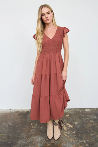BLUE PEPPER Harvest Flutter Sleeve Midi Dress, Terracotta - 170 Dresses - The Farmhouse