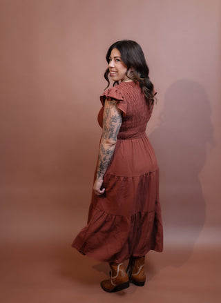 BLUE PEPPER Harvest Flutter Sleeve Midi Dress, Terracotta - 170 Dresses - The Farmhouse
