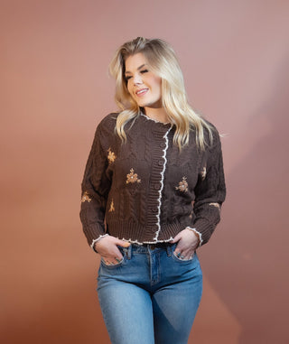 BLUE PEPPER Women's Chocolate Meadow Cable Cardigan - 150 Kimonos + Cardigans - The Farmhouse