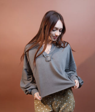 BLUE PEPPER Women's Cozy Notch Long Sleeve Knit Crop Top, Charcoal - 130 Basics - The Farmhouse