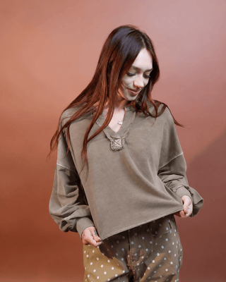 BLUE PEPPER Women's Cozy Notch Long Sleeve Knit Crop Top, Mocha - 130 Basics - The Farmhouse