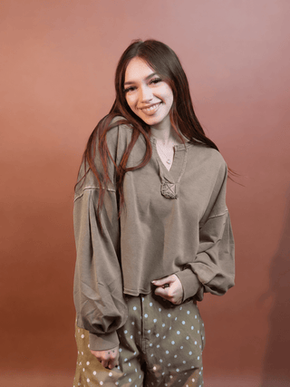 BLUE PEPPER Women's Cozy Notch Long Sleeve Knit Crop Top, Mocha - 130 Basics - The Farmhouse
