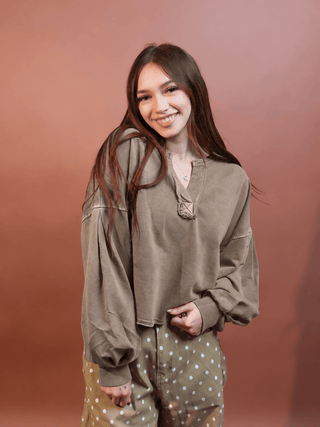 BLUE PEPPER Women's Cozy Notch Long Sleeve Knit Crop Top, Mocha - 130 Basics - The Farmhouse